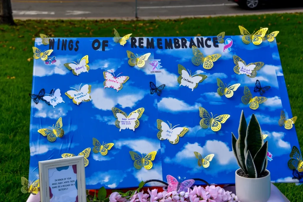 Wings of Remembrance memorial board with butterflies carrying the names of babies who have died