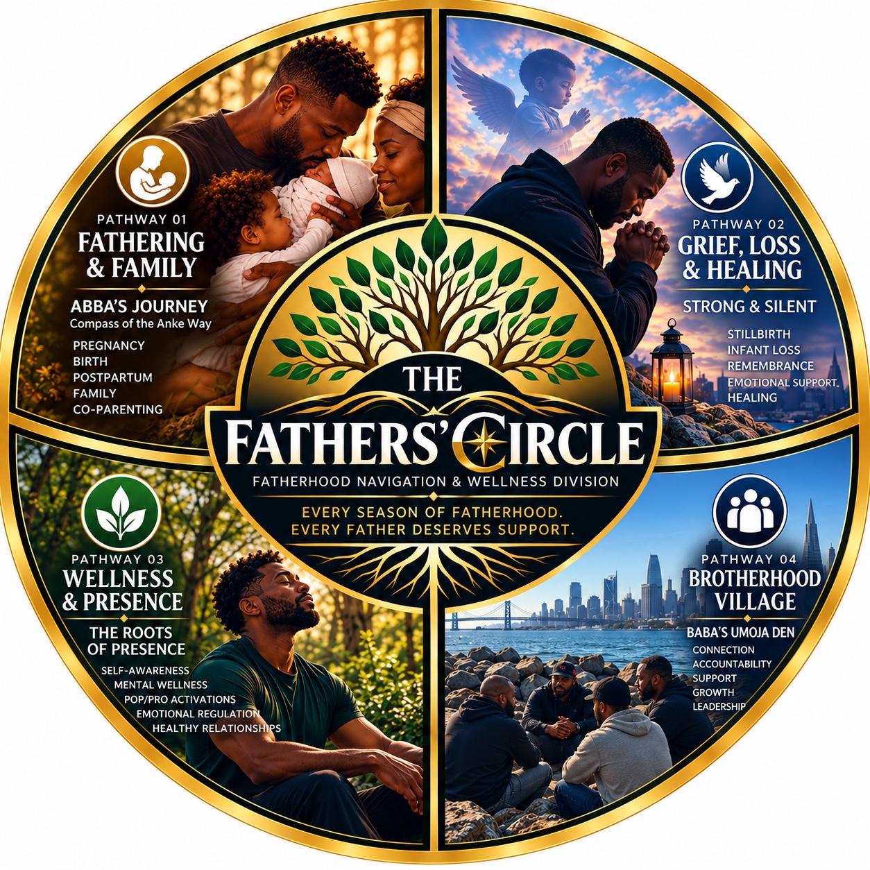 The Fathers’ Circle four-pathway emblem showing Fathering and Family, Grief Loss and Healing, Wellness and Presence, and Brotherhood Village