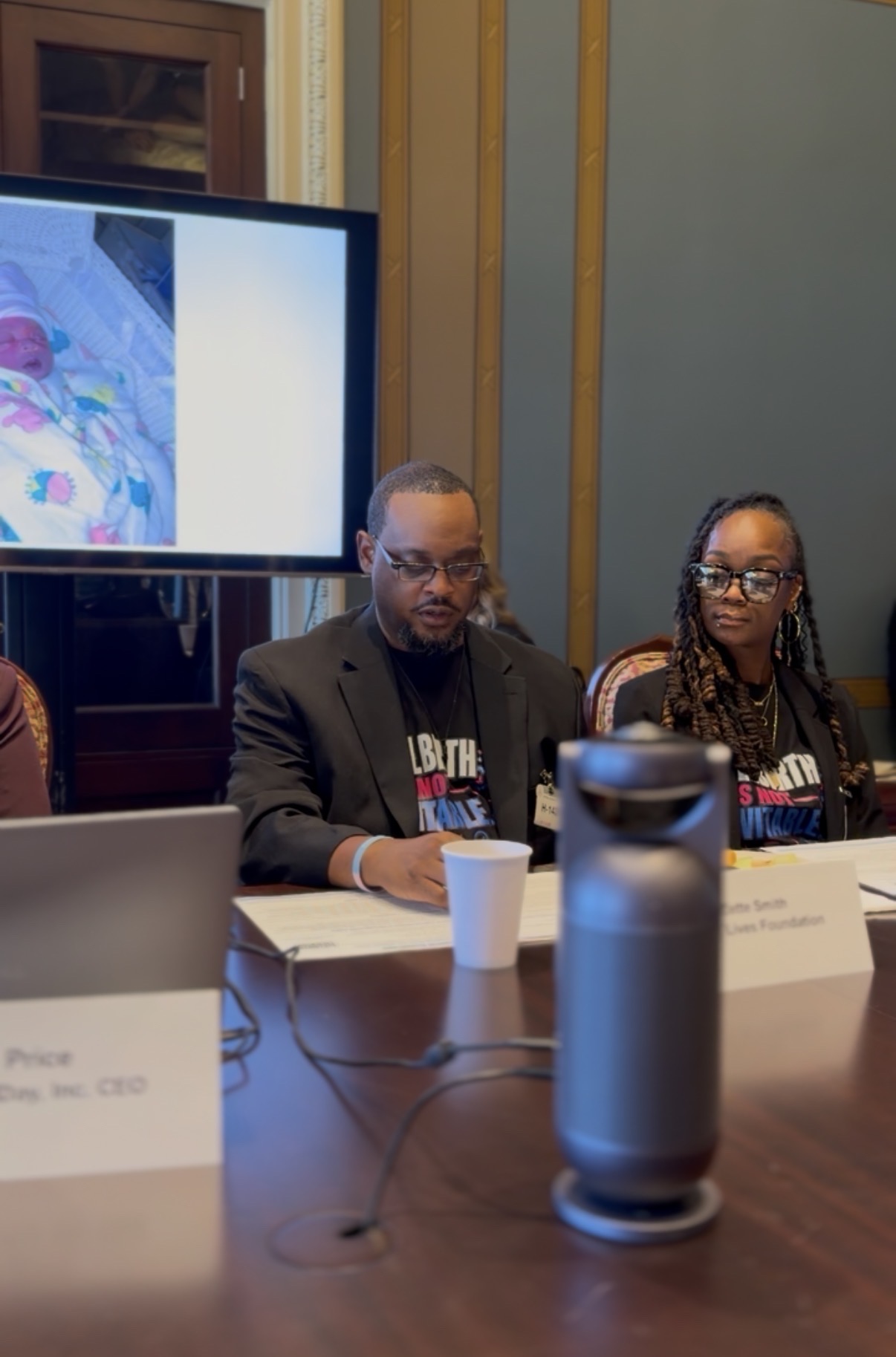 LaSaaun's parents, La'Zette Smith sharing LaSaaun's story with Nikia Armstrong-Smith beside him during a congressional gathering
