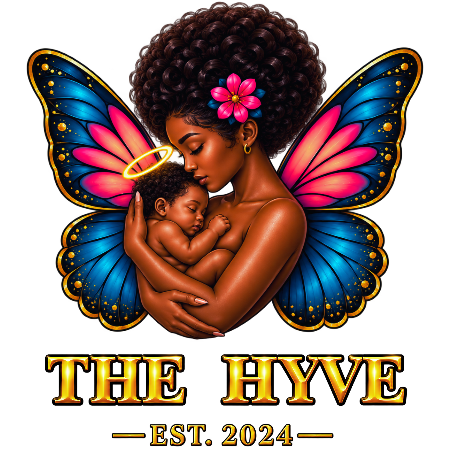Butterfly Hyve emblem: a mother holding her sleeping baby, with butterfly wings.