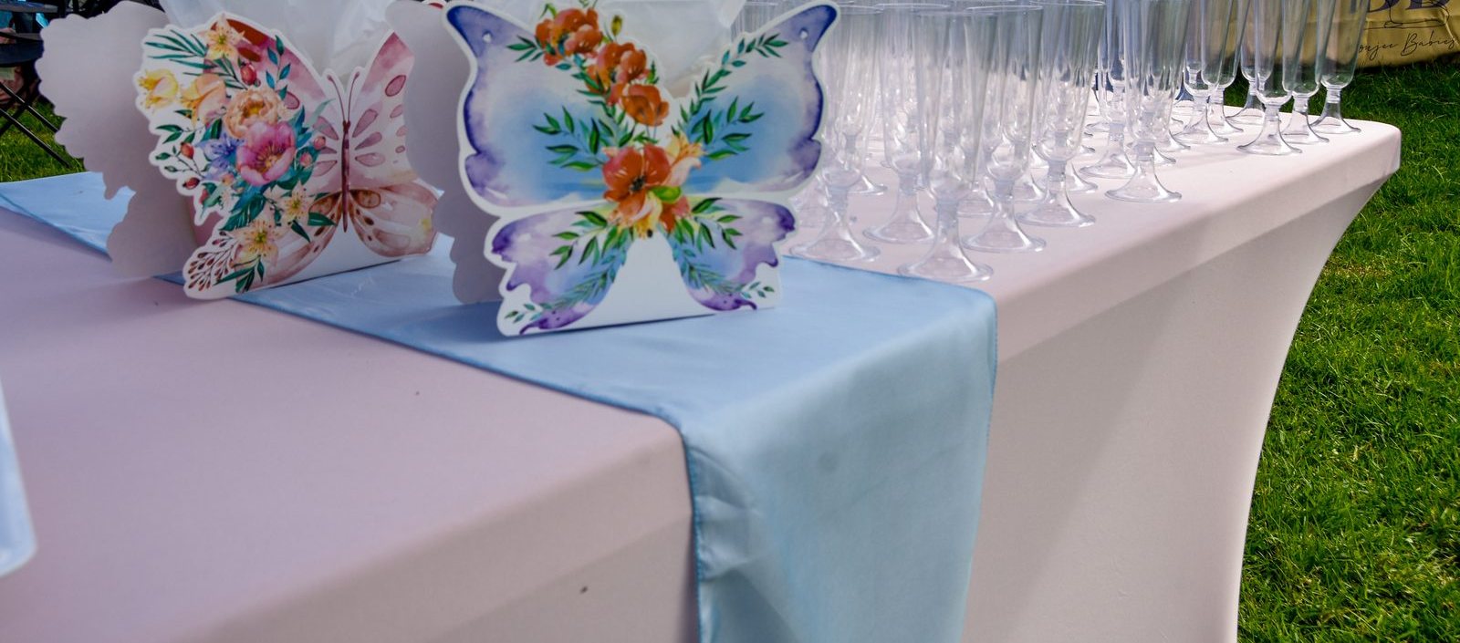 A gathering table set with paper butterflies and glasses, ready for arriving families.