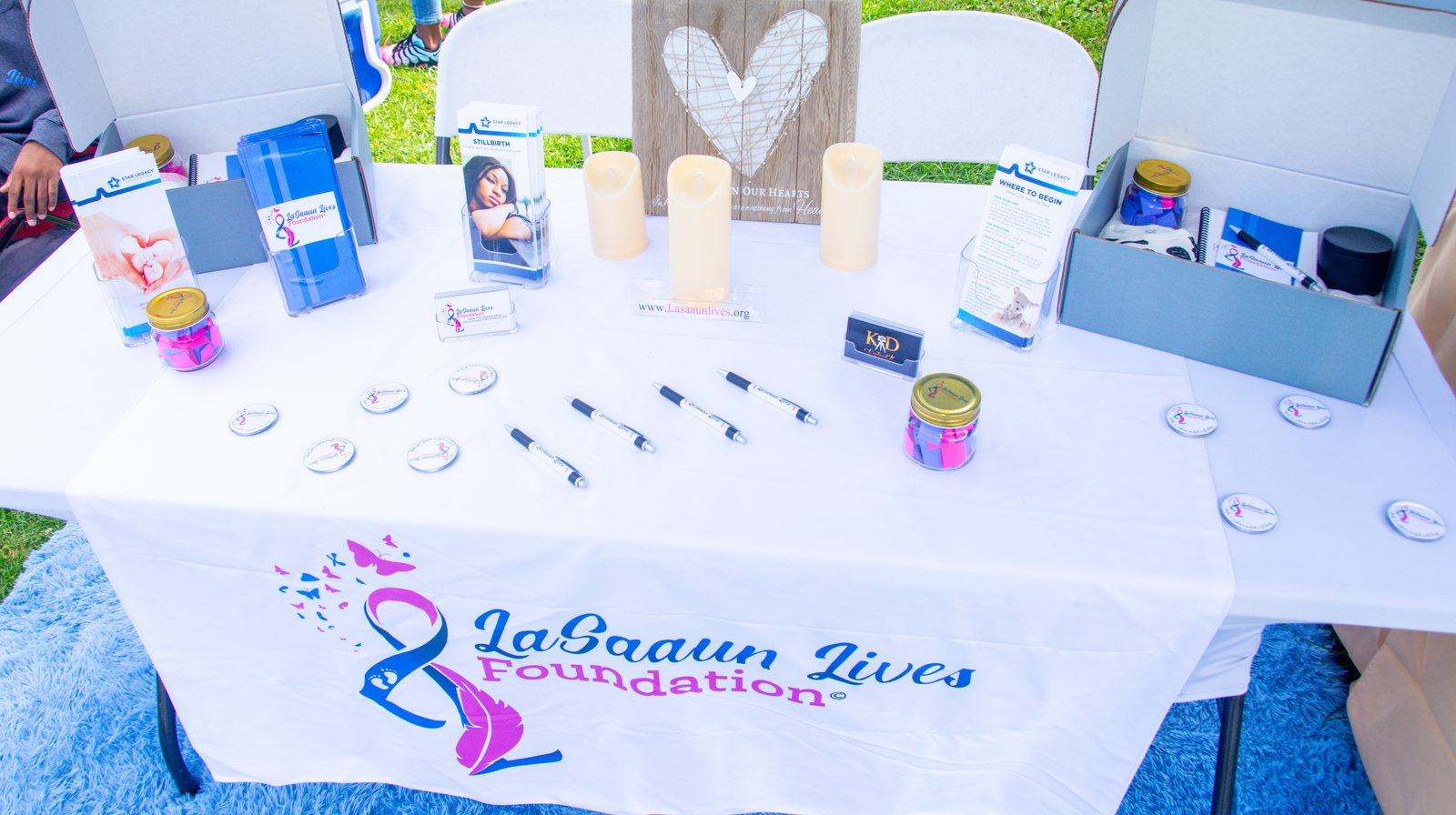 An overhead view of the resource table, with materials laid out for families to take.